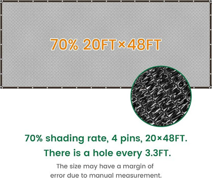 Shade Cloth, 20FT X 48FT 70% Black Outdoor Woven Sun Shade with Grommets, Durable Breathable Netting Shading Antifreezing for Patio, Garden, DIY Home, Plants Cover, Greenhouse, Dog Kennel