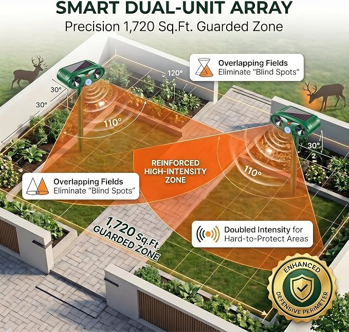 2Pack Upgraded Ultrasonic Deer Repellent for Plants Solar Animal Repellent Outdoor with Motion Sensor for Rabbit Cat Deterrent Raccoon Squirrel Fortress Pro Keep Pests Out of Yard Farm
