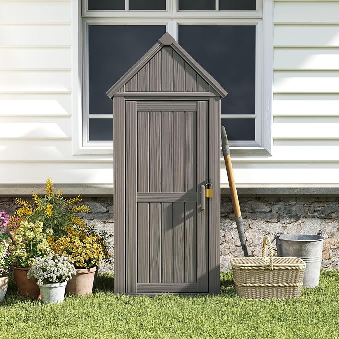 Bifanuo Deck Box Storage Shed Outdoor Storage Cabinet, Vertical Waterproof Resin Material Plastic Shed with Removable Shelves, 12 Hooks and Lock Ring for Garden, Pool and Patio (Grey)