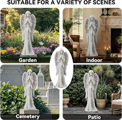 Praying Angel Statue for Outdoor Garden, 26.4 Inch Large Heavenly Memorial Sculpture,Durable MGO Stone Standing Angels for Yard, Patio or Cemetery Decor,Offering Comfort & Peace, Antique White