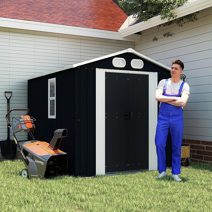 YOPTO 8x6 FT Outdoor Storage Shed, Metal Tool Shed with Window, Lockable Doors & Air Vents, for Backyard Garden Patio,Lawn,Dark Gray