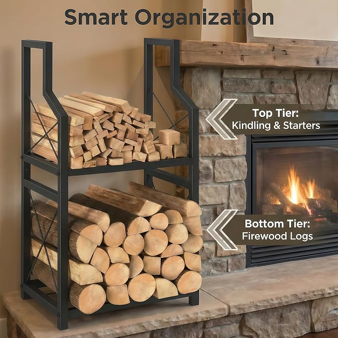 Firewood Rack Indoor Outdoor - 31.5" Vertical Log Holder with Kindling Storage, Heavy Duty 2-Tier Steel Wood Stacker Stand with X-Guardrails for Fireplace, Patio, Porch, Black