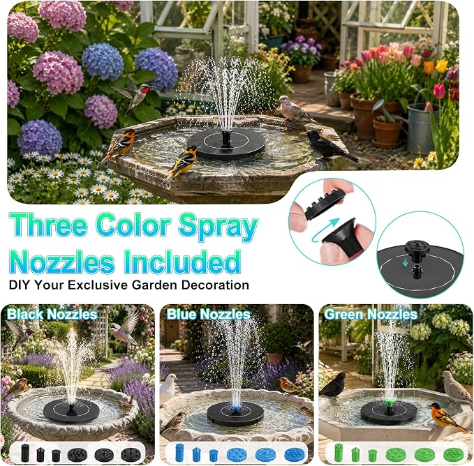 3.5W Solar Fountain Pump, Solar Bird Bath Fountain with 6 Green & 6 Black & 6 Blue Nozzles, Solar Water Pump for Outdoor Garden Patio Small Pond Fish Tank Landscape Decoration