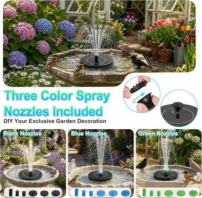 3.5W Solar Fountain Pump, Solar Bird Bath Fountain with 6 Green & 6 Black & 6 Blue Nozzles, Solar Water Pump for Outdoor Garden Patio Small Pond Fish Tank Landscape Decoration