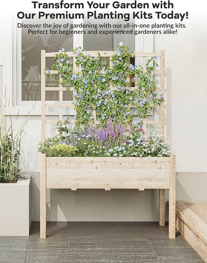 Jojoka Wooden High-Legged Raised Garden Bed with Climbing Trellis, Elevated Planter Box for Vegetables, Herbs, Flowers, Patio, Backyard