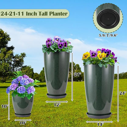 24-21-11 Inch Tall Planters Set of 3, Indoor Outdoor Green Glossy Round Planter with Drainage Hole and Saucer, Large Decorative Plant Pots for Home Garden Porch (Green)