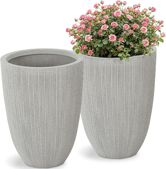 19" Mediterranean Beige Resin Tall Planters with Fluted Texture | Set of 2 resin tall planters with beige fluted texture, drainage plugs, and UV-resistant finish for porch, patio, or indoors