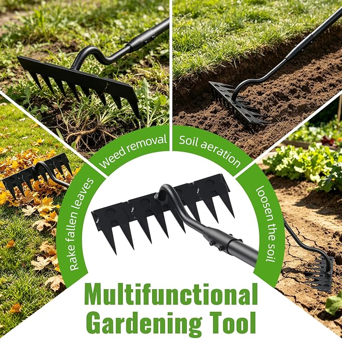 Weeding Rake,70 Inch Manual Weeder Tool with Long Handle for Weeding Loosening Soil Cultivating Heavy Duty Metal 8 Teeth Weed Puller Tool for Backyard, Lawn, Garden Beds