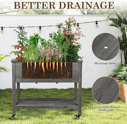 Raised Garden Bed with Lockable Wheels, 40x24x32 inch Elevated Wood Planter with Storage Shelf Protective Liner for Vegetable Flower Herb Outdoor Balcony Patio Backyard, Grey