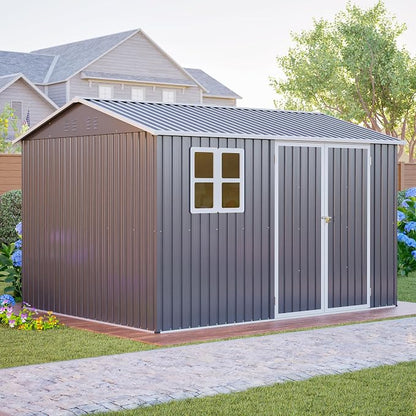 YOPTO 10x8 FT Large Outdoor Storage Shed with Window, 2 Lockable Doors & Sloped Roof, Heavy Duty Metal Tool Shed for Garden, Patio, Backyard, Lawn, Dark Gray