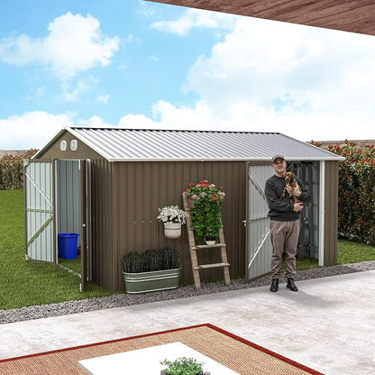 YOPTO 12X10 FT Metal Outdoor Storage Shed W/Flower Pot Stand,Brown | 3 Lockable Doors,Air Vent,Sloped Roof,Reinforced Structure,Waterproof Outdoor Shed for Garden,Patio,Backyard,Lawn
