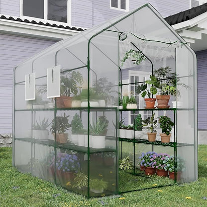Greenhouse, 57 x 85 x 77'' Greenhouses for Outdoors, with Mesh Side Windows, PE Cover, 8 Shelves, Heavy Duty Walk in Green House for Backyard Garden Indoor, White& Green Outside
