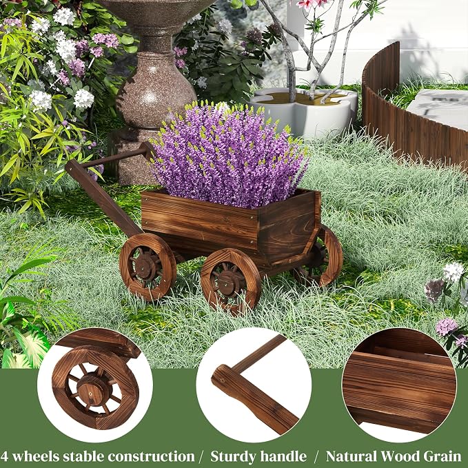 Wooden Flower Cart with Wheels Wooden Wagon Planter Trolley Decoration Succulent Flower Pot, Outdoor Garden Planter Decor Planter for Patio Balcony Indoor Backyard Balcon Decor Cart（Small）