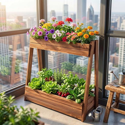 36" 2-Tier Fir Wood Elevated Raised Garden Bed | Fir wood tiered planter with 23" vertical growing space, drainage holes, liner, and no-bend height for patio or balcony