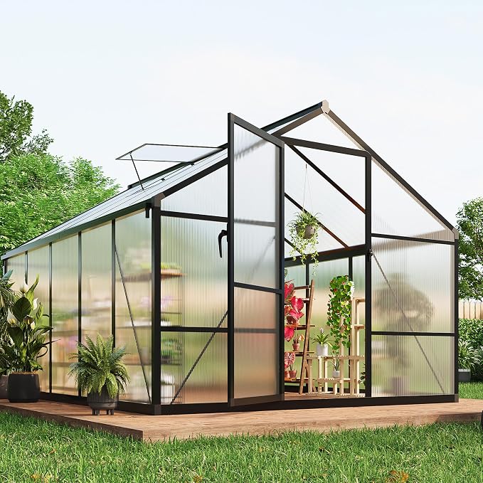 8x10 ft Walk-in Greenhouse, Polycarbonate Panels with Reinforced Aluminum Frame, Large Garden Green House for Planting and Seed Starting, Quick-Assembly Structure with Adjustable Roof Vent