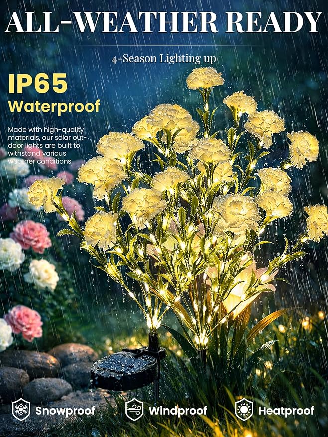 GIGALUMI Solar Lights Outdoor for Garden Decor, 4 Pack Solar Flower Lights Waterproof, 2 Lighting Modes 28 Carnations for Pathway,Yard, Patio Decoration, Gardening Gifts for Women (White)