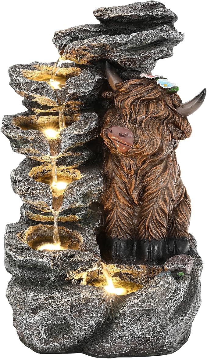 19" Highland Cow Outdoor Fountain with LED Lights | 5-Tier Charming Water Feature , Pastoral Resin Soothing Cascading Waterfall for Patio, Backyard, Garden or Porch