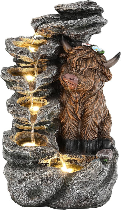 19" Highland Cow Outdoor Fountain with LED Lights | 5-Tier Charming Water Feature , Pastoral Resin Soothing Cascading Waterfall for Patio, Backyard, Garden or Porch