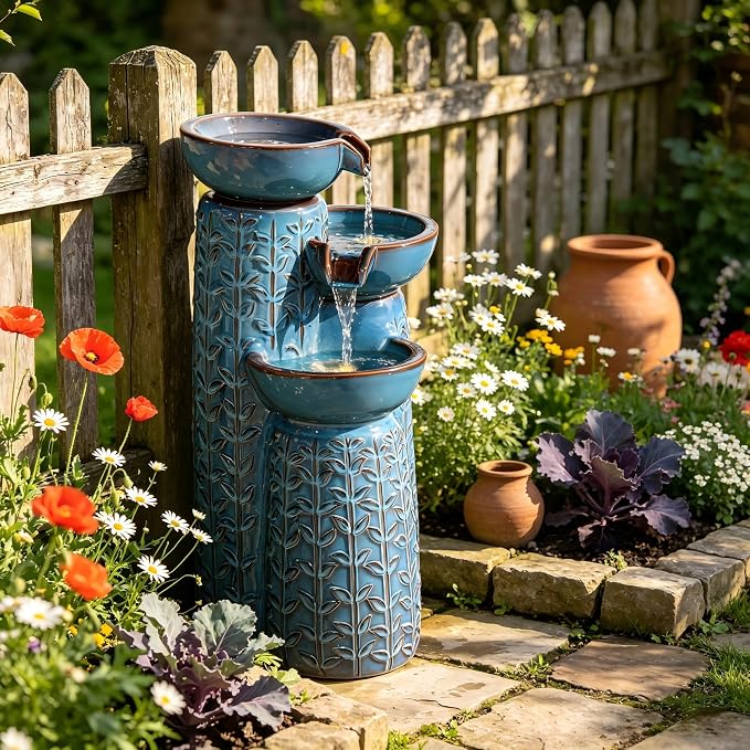 28" H Ceramic Outdoor Water Fountain with LED Lights, 3-Tier Cascading Bowls Water Feature, Tranquil Waterfall for Relaxing Garden, Patio, Yard, or Porch, Turquoise, Embossed Leaf Patterns