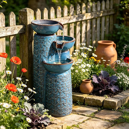 28" H Ceramic Outdoor Water Fountain with LED Lights, 3-Tier Cascading Bowls Water Feature, Tranquil Waterfall for Relaxing Garden, Patio, Yard, or Porch, Turquoise, Embossed Leaf Patterns