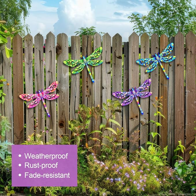 Metal Dragonfly Wall Decor, 4 Pcs Metal Dragonflies Wall Art Hanging Sculptures Decorations for Outdoor Decor, Fence Garden Yard Patio Exterior Decor Rust-Proof Weatherproof