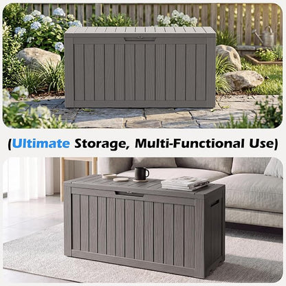 Outdoor Storage Box, 82 Gallon Resin Deck Boxes Outdoor Waterproof For Patio Furniture, Garden Tools, Pool Supplies, Lockable And UV Resistant (Striped Gray)