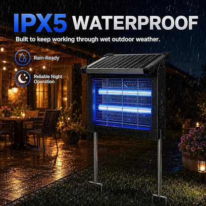 Solar Bug Zapper Outdoor Waterproof, 4500V Cordless Mosquito Zapper | USB-C rechargeable, solar powered with auto light sensor, hanging or stake use for patio, garden, backyard, camping, garage