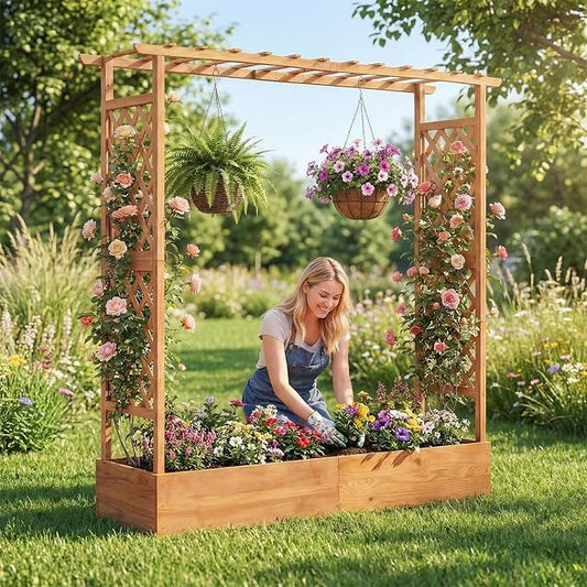 HAPPYGRILL Raised Garden Bed with Trellis, Freestanding Wood Planter Box w/Hanging Roof & Drainage Holes for Vine, Climbing Plants, Flowers, Outdoor Planter with Trellis for Garden, Patio, Yard (2)