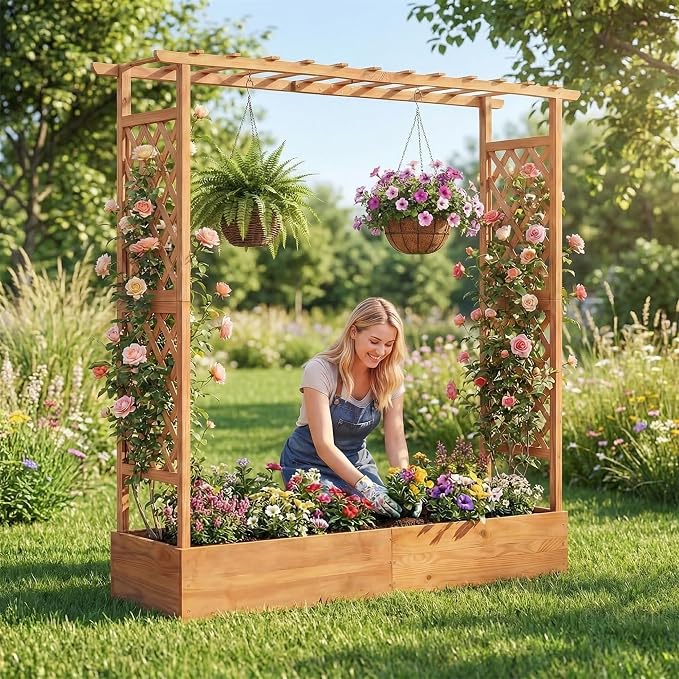 HAPPYGRILL Raised Garden Bed with Trellis, Freestanding Wood Planter Box w/Hanging Roof & Drainage Holes for Vine, Climbing Plants, Flowers, Outdoor Planter with Trellis for Garden, Patio, Yard (1)
