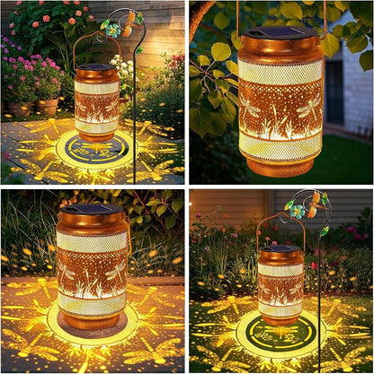 Dragonfly Solar Lanterns Outdoor Waterproof with Shepherd Hook, Gifts for Women Mom Grandma Birthday, Metal Solar Hanging Lights Garden Decor for Outside Yard Patio Pathway Backyard Porch