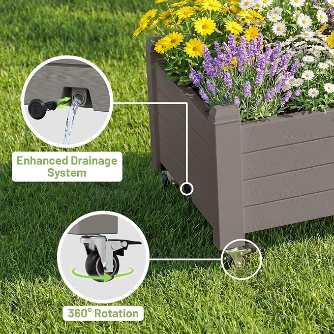 Fancyango Raised Garden Bed with Wheels 13.3" Hx2 -Gray | Resin Elevated Garden Planter Box with Drainage, Outdoor Planter Box for Veggies Herbs Patio Balcony Backyard