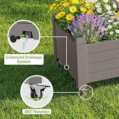 Fancyango Raised Garden Bed with Wheels 13.3" Hx2 -Gray | Resin Elevated Garden Planter Box with Drainage, Outdoor Planter Box for Veggies Herbs Patio Balcony Backyard