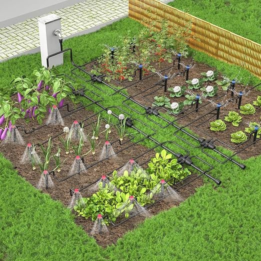 Drip Irrigation System, 106FT Drip Irrigation System Kit, Press-to-Connect & Detachable Quick-Connect, 1/2" & 1/4" Tool-Free Tubing, Adjustable & Sprinklers Nozzles for Garden, Lawn,Potted.