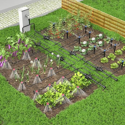 Drip Irrigation System, 106FT Drip Irrigation System Kit, Press-to-Connect & Detachable Quick-Connect, 1/2" & 1/4" Tool-Free Tubing, Adjustable & Sprinklers Nozzles for Garden, Lawn,Potted.