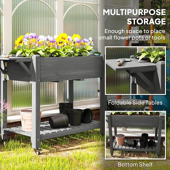 Outsunny Raised Garden Bed, 57 x 20.5 x 34 in Wood Elevated Planter Box with Lockable Wheels, Side Tables and Bottom Shelf, Outdoor Raised Planter with Bed Liner and Drainage Holes, Gray