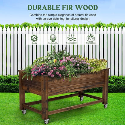 OIPRTGFJ Cedar Wood Outdoor Raised Garden Bed Planter Box with Locking Wheels, 41x21x20 inch, Carbonization Color