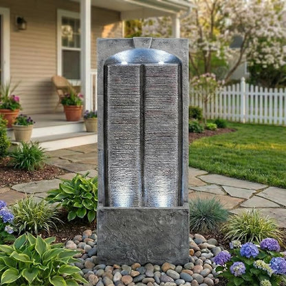 39" Outdoor Water Fountain with Quiet Pump, Outdoor Fountain with LED Lights, Weather-Resistant Outdoor Cascading Freestanding Fountain, Garden Water Feature, Slate-Style Wall, Grey