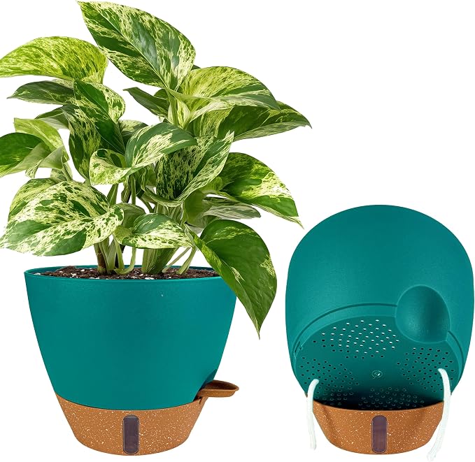 2 Pack 10 inch Plant Pots, Plastic Self Watering Planters with Drainage Holes, Deep Reservoir, Water Level Indicator, Modern Decorative Flower Pots for Indoor Outdoor Plants (Turquoise)