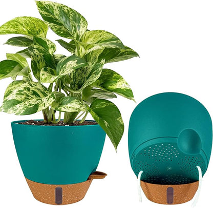 2 Pack 10 inch Plant Pots, Plastic Self Watering Planters with Drainage Holes, Deep Reservoir, Water Level Indicator, Modern Decorative Flower Pots for Indoor Outdoor Plants (Turquoise)