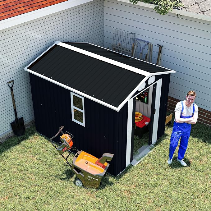 YOPTO 8x6 FT Outdoor Storage Shed, Metal Tool Shed with Window, Lockable Doors & Air Vents, for Backyard Garden Patio,Lawn,Dark Gray