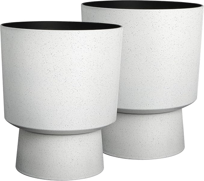 2-Pack 16.75" White Terrazzo Urn Planters with Detachable Bases | Set of 2 PP urn planters with white terrazzo finish, detachable bases, drainage plugs, and UV-treated surface for porch