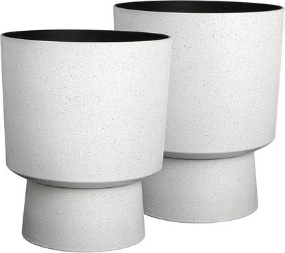 2-Pack 16.75" White Terrazzo Urn Planters with Detachable Bases | Set of 2 PP urn planters with white terrazzo finish, detachable bases, drainage plugs, and UV-treated surface for porch