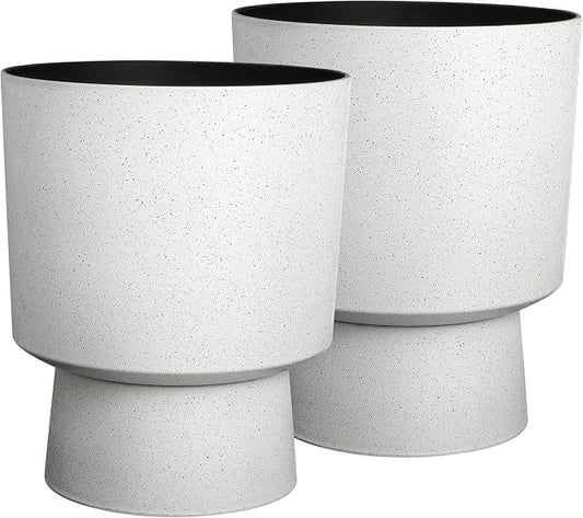 2-Pack 16.75" White Terrazzo Urn Planters with Detachable Bases | Set of 2 PP urn planters with white terrazzo finish, detachable bases, drainage plugs, and UV-treated surface for porch