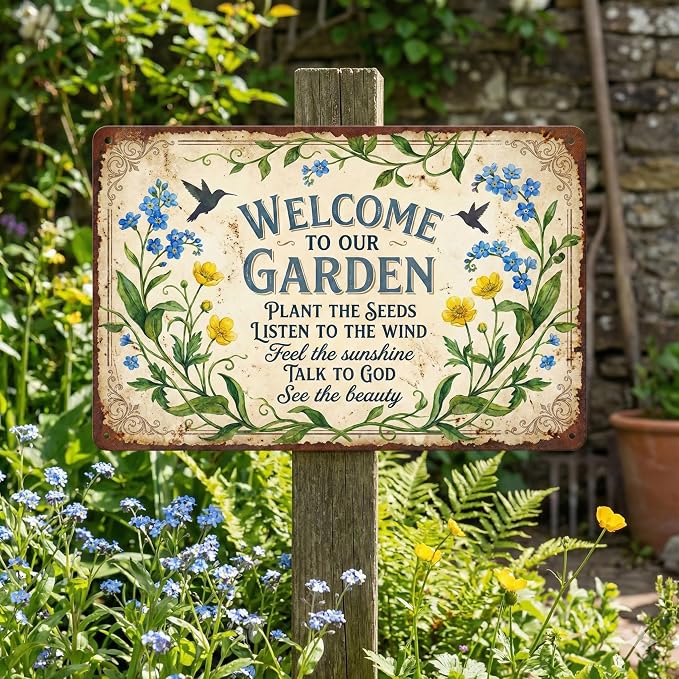Garden Decor Sign Welcome to Our Garden Floral Wall Art | Garden Lovers • Yard Patio Display • Garden Theme • Vintage Botanical Style • UV Printed • 8x12 Inch
