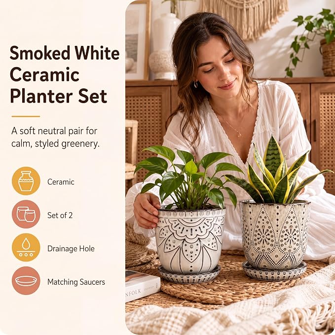 Gepege 6 Inch Beaded Ceramic Planter Set of 2 with Drainage Hole and Saucer for Plants, Indoor-Outdoor Large Round Succulent Orchid Flower Pot (Smoked Gray, Inner-pots not Larger Than 5 Inch)