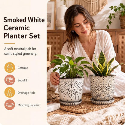 Gepege 6 Inch Beaded Ceramic Planter Set of 2 with Drainage Hole and Saucer for Plants, Indoor-Outdoor Large Round Succulent Orchid Flower Pot (Smoked Gray, Inner-pots not Larger Than 5 Inch)