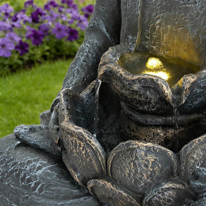 28'' Zen Buddha Water Fountain with LED Light and Pump, 2 Tier Polyresin Meditating Buddha Outdoor Fountain, Lighted Waterfall Statue for Garden Patio Backyard Indoor Decor