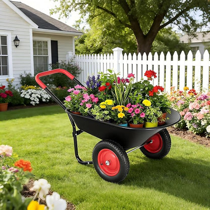 Autodaya Dual-Wheel Garden Cart, 14" Pneumatic Tires & Built-in Stand, 4.5 Cu Ft Utility Yard Wheelbarrow for Gardening, Soil, Construction, Easy Assembly,Red