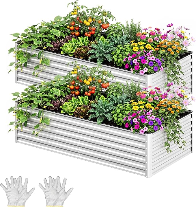 YITAHOME 2pcs 6x3x2ft Galvanized Raised Garden Bed, Metal Planter Box with Safety Rubber, Gloves, Outdoor Flower Bed for Planting Plants Vegetables, Silver