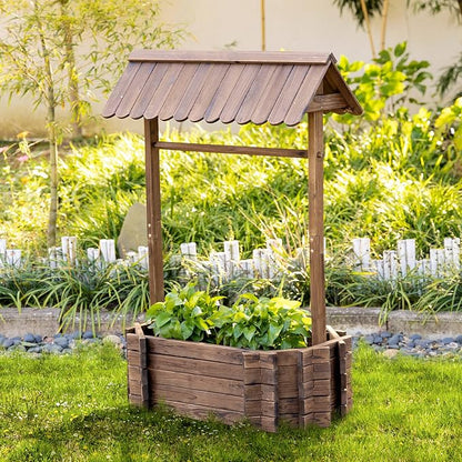 Outsunny Wishing Well Planter, Wooden Raised Garden Bed, Ornamental Outdoor Flower Planter for Outdoor Garden, Yard, Lawn, and Home Decor
